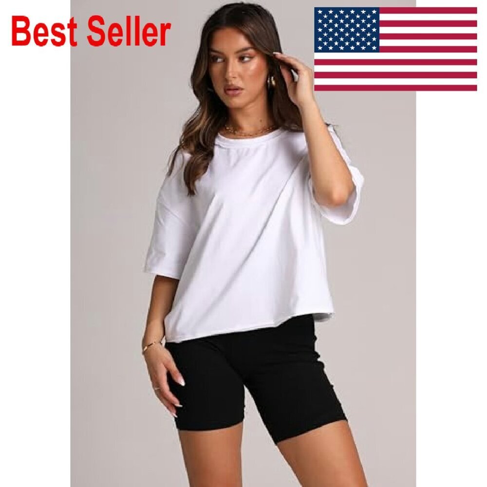 Oversized Crop Top Cotton Blend Drop Shoulder Y2K Chic Casual Workout Tee - Picture 3 of 8